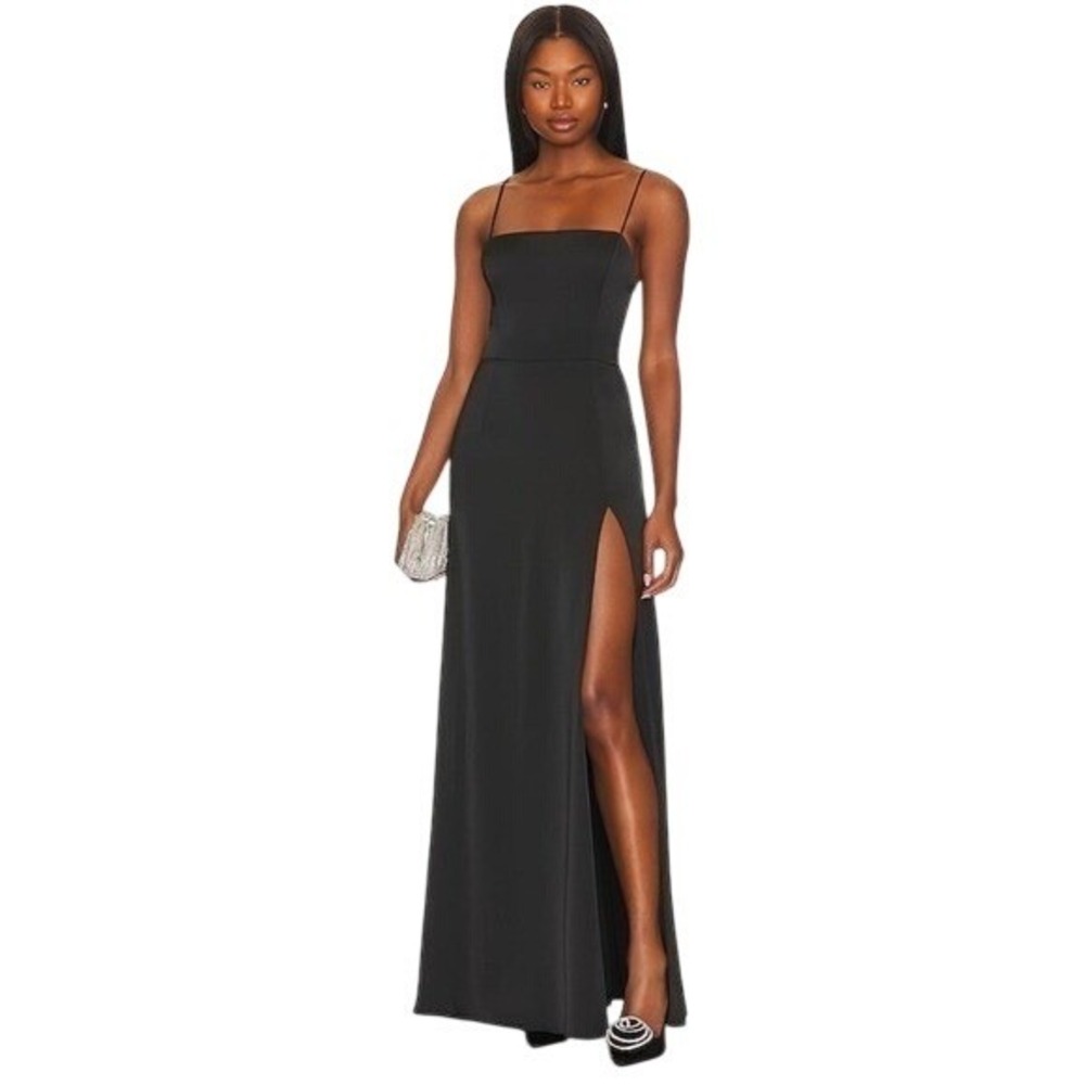 Katie May Black Square Neck High Slit Maxi Gown Size S Evening Minimalist Formal